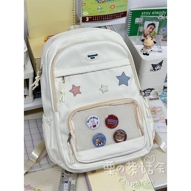 Star Applique Mesh Panel Multi-Pocket Backpack / Tote Bag