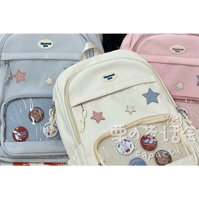 Star Applique Mesh Panel Multi-Pocket Backpack / Tote Bag