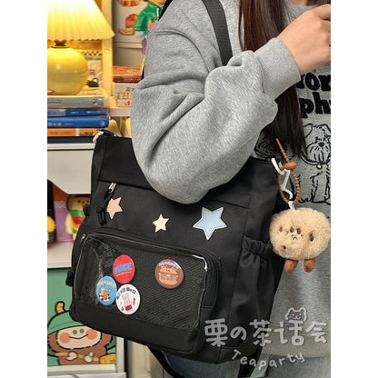 Star Applique Mesh Panel Multi-Pocket Backpack / Tote Bag