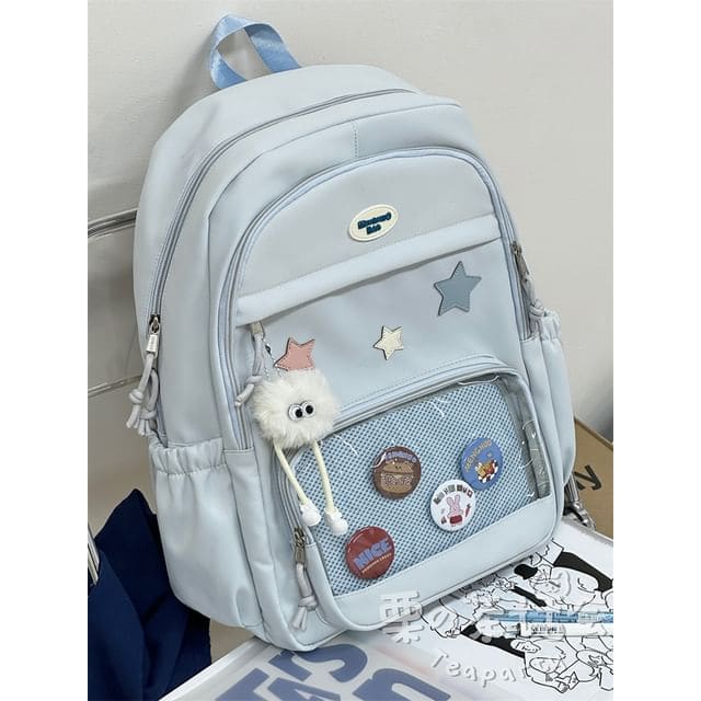 Star Applique Mesh Panel Multi-Pocket Backpack / Tote Bag