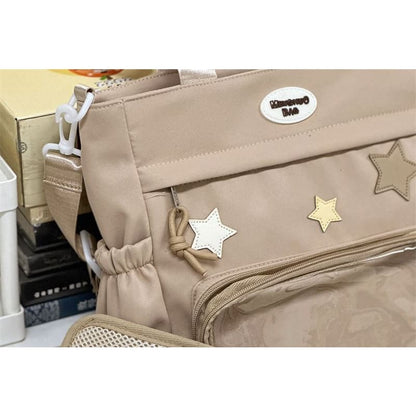 Star Applique Mesh Panel Multi-Pocket Tote Bag / Coin Purse