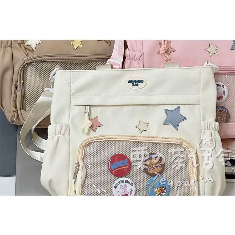 Star Applique Mesh Panel Multi-Pocket Tote Bag / Coin Purse