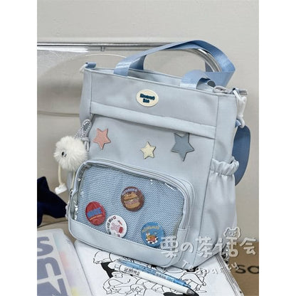 Star Applique Mesh Panel Multi-Pocket Tote Bag / Coin Purse