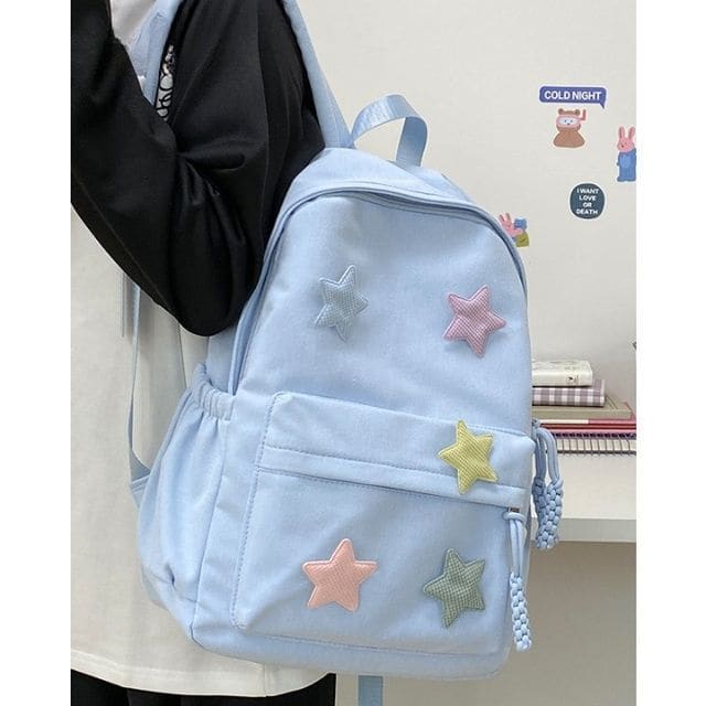 Star Applique Nylon Zipper Backpack - Blue / One Size