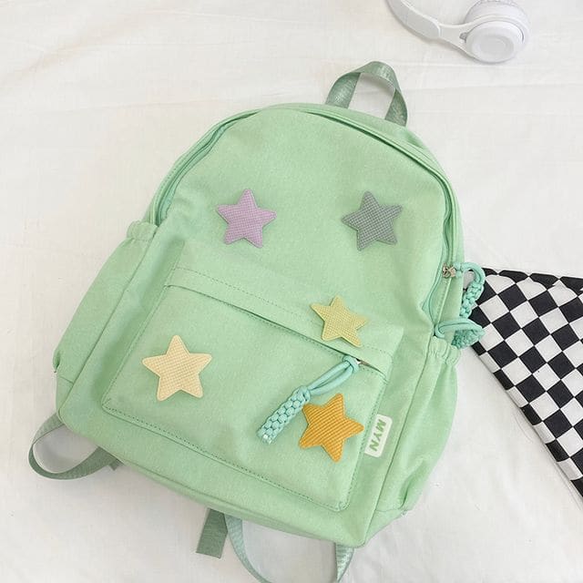 Star Applique Nylon Zipper Backpack - Green / One Size