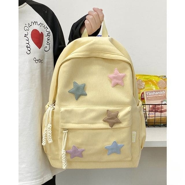 Star Applique Nylon Zipper Backpack - Yellow / One Size