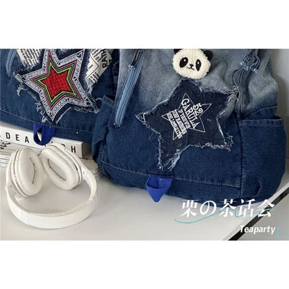 Star Applique Washed Paneled Denim Backpack - Backpacks