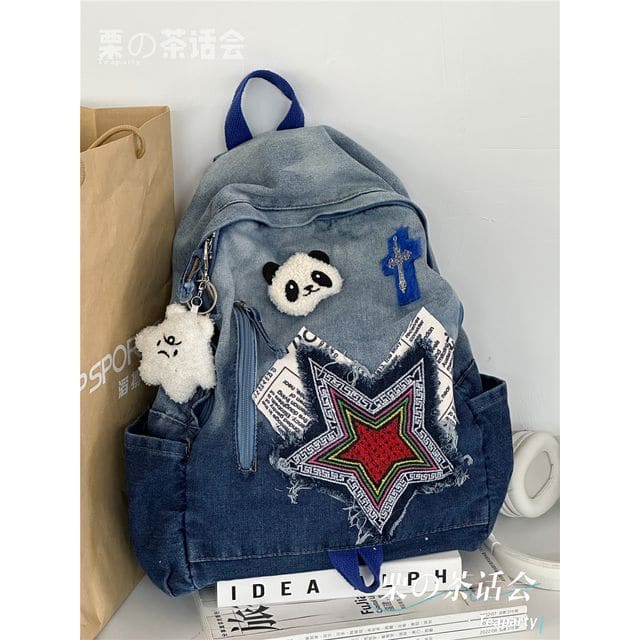 Star Applique Washed Paneled Denim Backpack - Without Bag