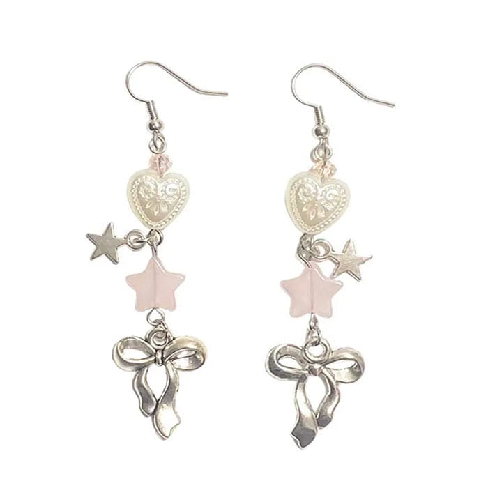 Star Bow Drop Earrings - Standart / White - earrings