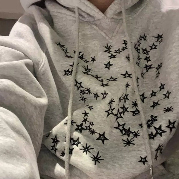 grey Stars Embroidery Hoodie, aesthetic oversized hoodie for women - boogzel clothing