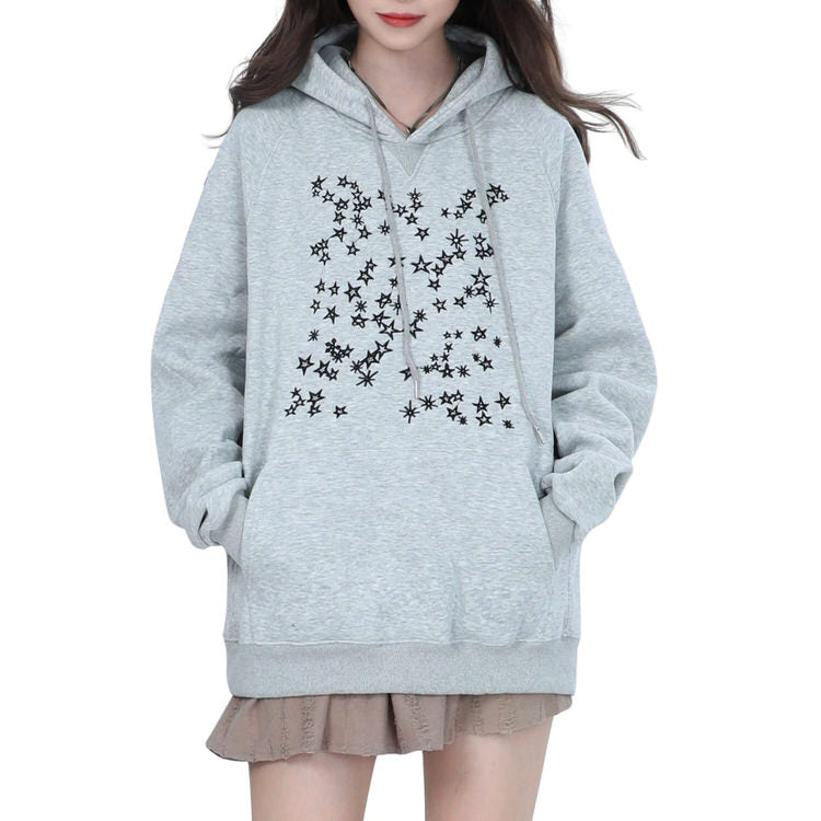 grey Stars Embroidery Hoodie, aesthetic oversized hoodie for women - boogzel clothing