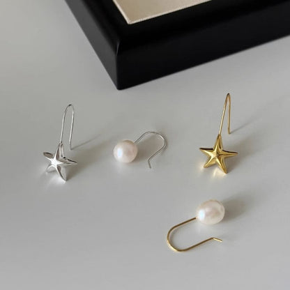 Star Faux Pearl Asymmetrical Alloy Drop Earring - EH2351