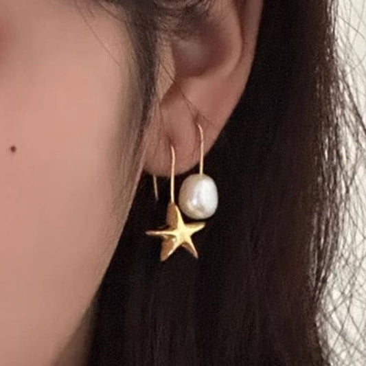 Star Faux Pearl Asymmetrical Alloy Drop Earring - EH2351