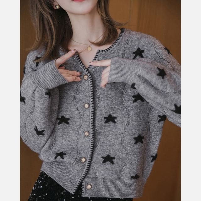 Star-Jacquard V-Neck Cardigan