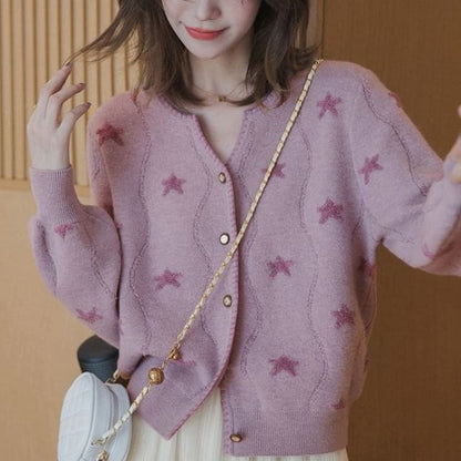 Star-Jacquard V-Neck Cardigan - Mauve / One Size