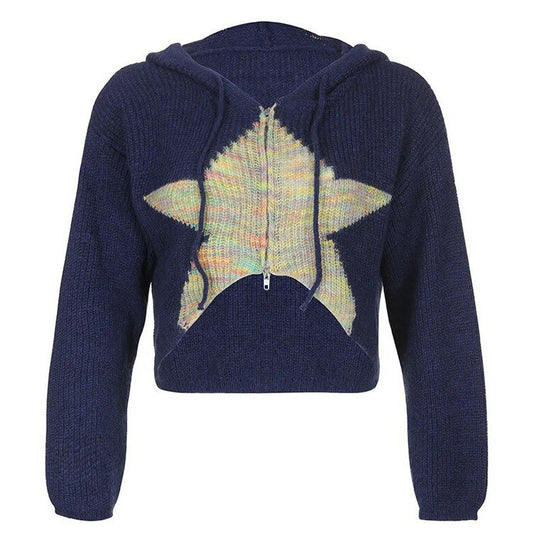 Star Zip Up Knit Hoodie in Navy Blue - Boogzel Clothing