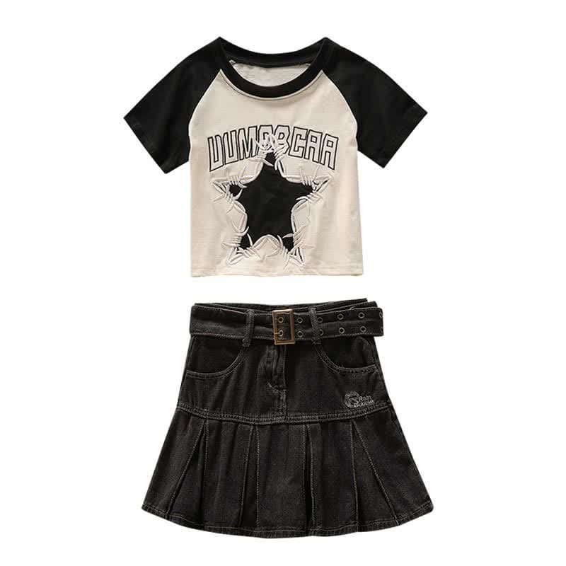 Star Letter Crop Top T-Shirt Belted Denim Skirt