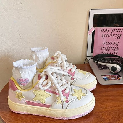 Star Pattern Platform Sneakers - Pink & Yellow & White / 35