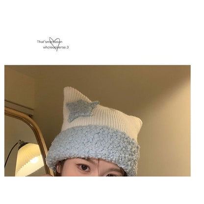 Star Patterned Cat Ear Panel Beanie