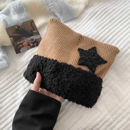 Star Patterned Cat Ear Panel Beanie - Black & Coffee