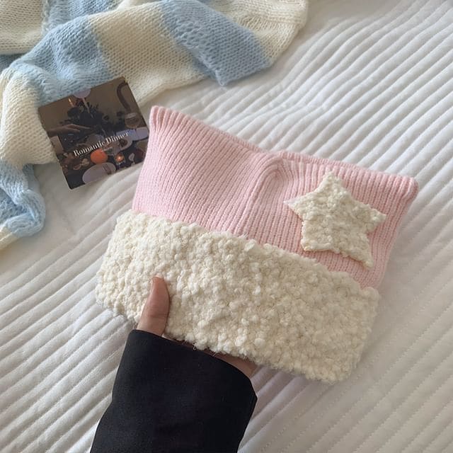 Star Patterned Cat Ear Panel Beanie - Pink & Beige