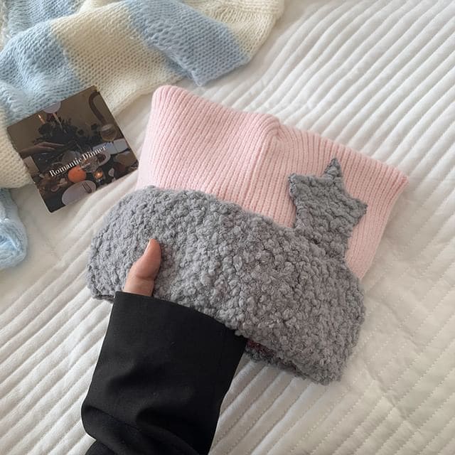 Star Patterned Cat Ear Panel Beanie - Pink & Gray / One Size