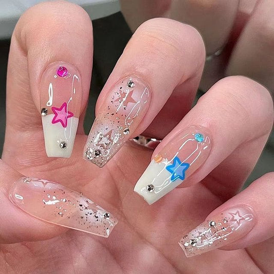 Star Print Pointed Press-On Nails - With Glue - D143 - Pink