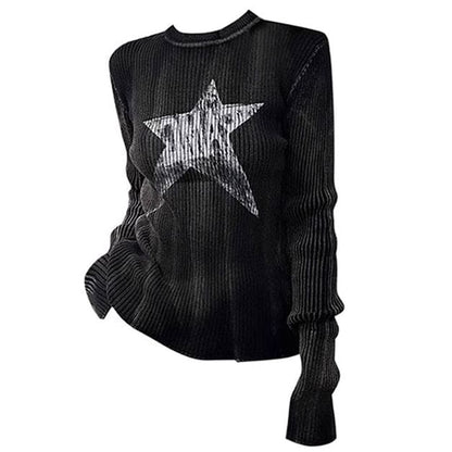 Star Print Ribbed Long Sleeve Top - Tops