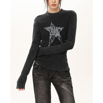 Star Print Ribbed Long Sleeve Top - Tops