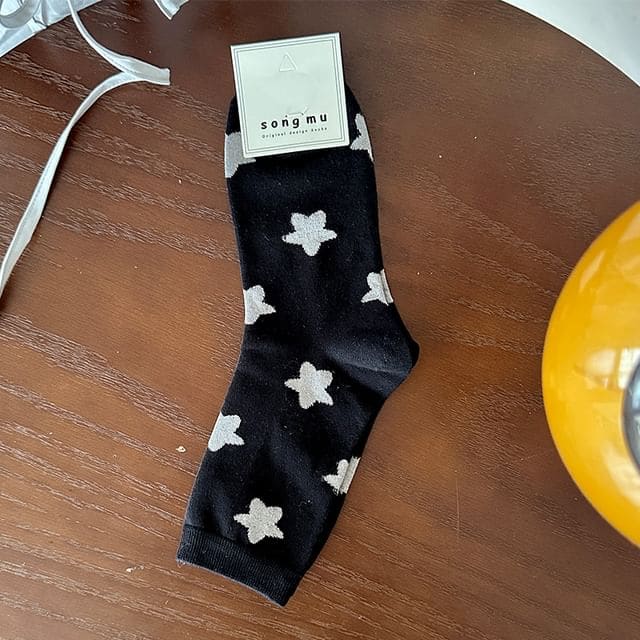 Star Print Socks - Large Stars - Black / One Size