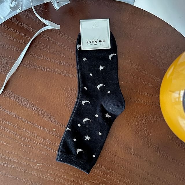 Star Print Socks - Stars & Moons - Black / One Size