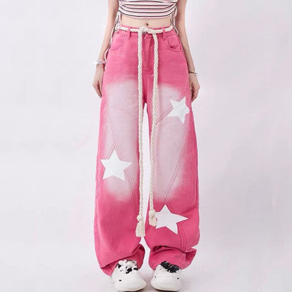 Star Print Y2K Pink Jeans - Jeans