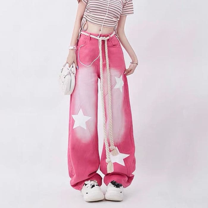 Star Print Y2K Pink Jeans - Jeans