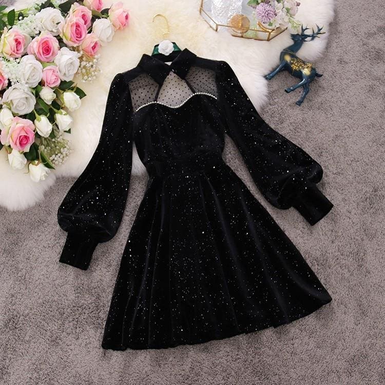 Starry Night Navy Blue Long Sleeve Princess Party Dress