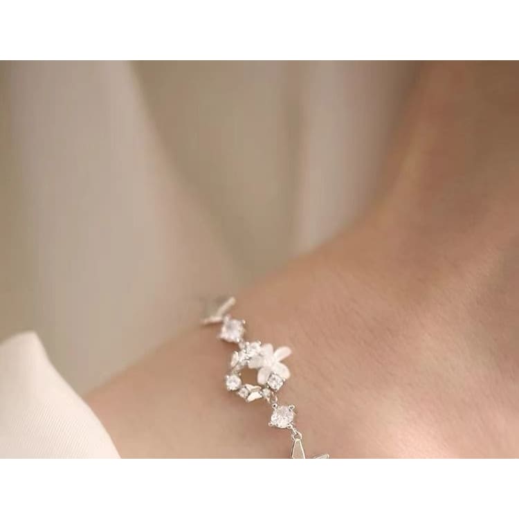 Sterling Silver Rhinestone Floral Bracelet