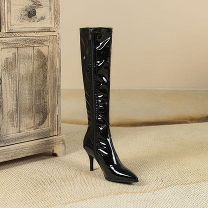 Stiletto Pointed Toe Plain Faux Leather Tall Boots