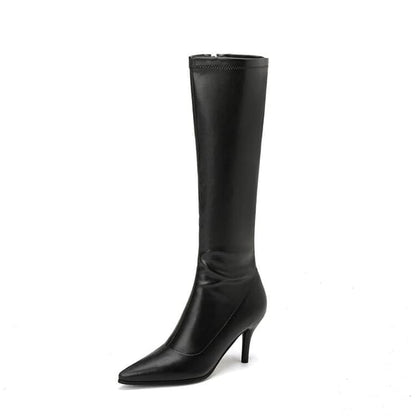 Stiletto Pointed Toe Plain Faux Leather Tall Boots - Matte