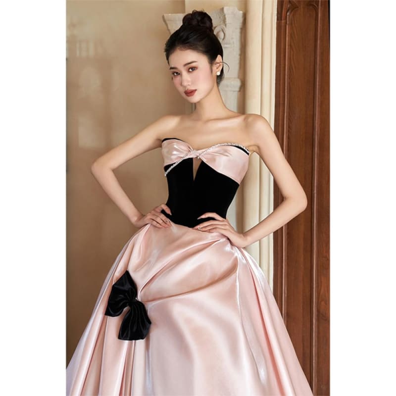 Strapless Bow Two Tone A-Line Evening Dress