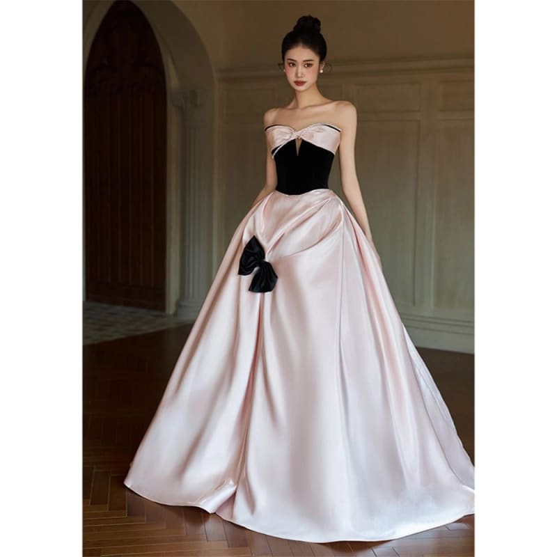 Strapless Bow Two Tone A-Line Evening Dress