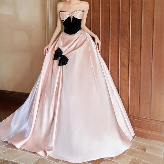 Strapless Bow Two Tone A-Line Evening Dress - Pink / XS