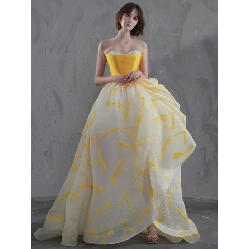 Strapless Floral Print A-Line Evening Gown