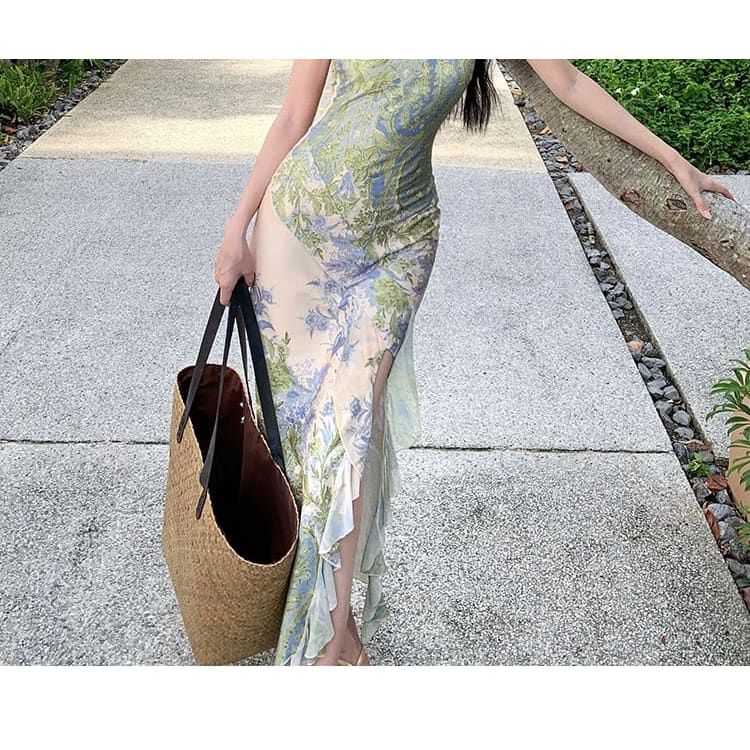 Strapless Floral Print Maxi Sheath Dress