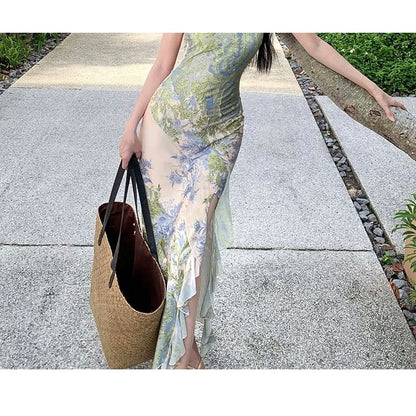 Strapless Floral Print Maxi Sheath Dress