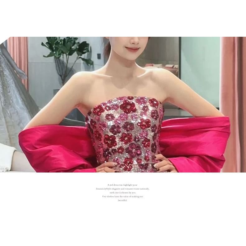 Strapless Floral Sequin Bow Back Trained Slit Mini A-Line