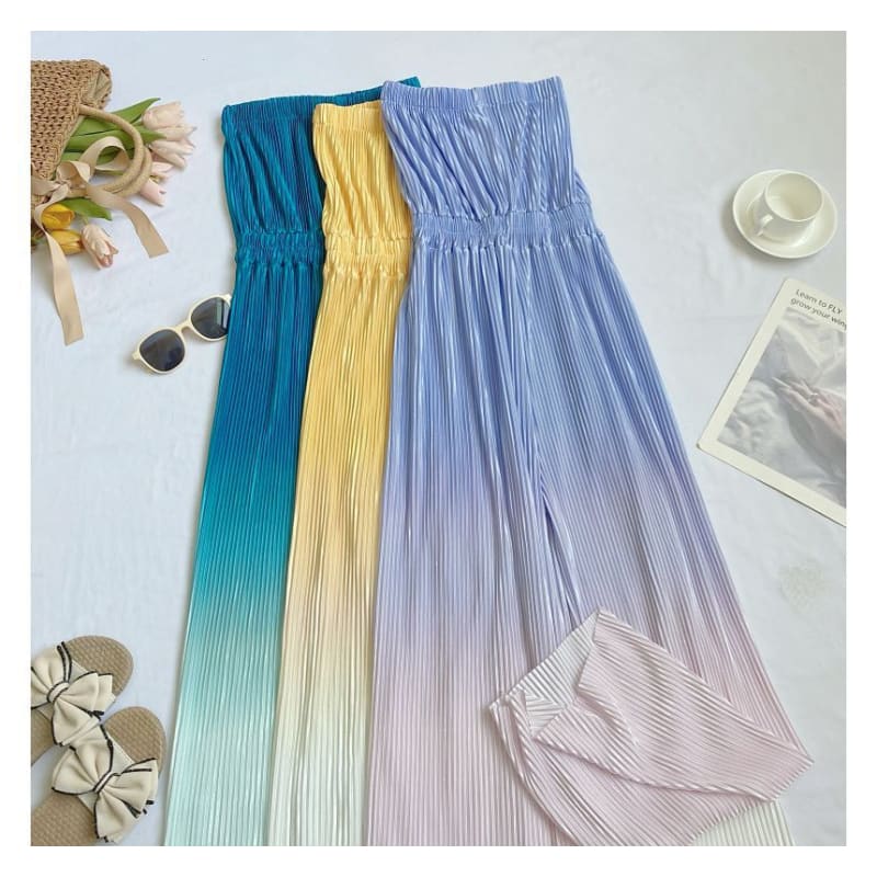 Strapless Gradient Ribbed Wide Leg Jumpsuit