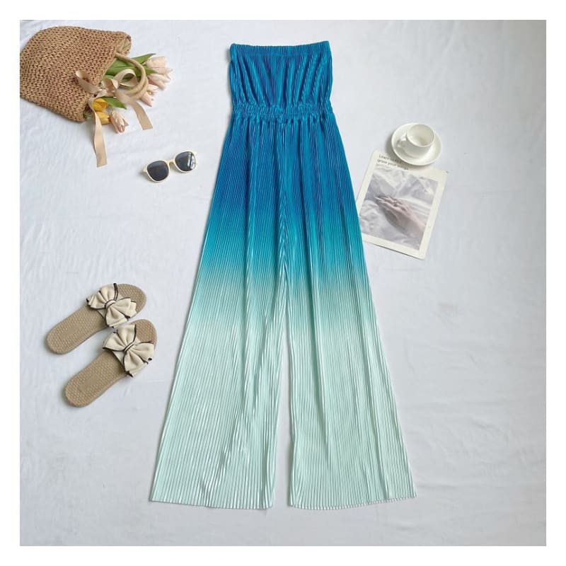 Strapless Gradient Ribbed Wide Leg Jumpsuit