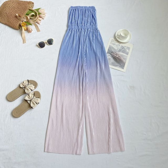 Strapless Gradient Ribbed Wide Leg Jumpsuit - Light Purple