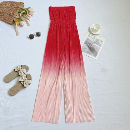 Strapless Gradient Ribbed Wide Leg Jumpsuit - Red / One Size