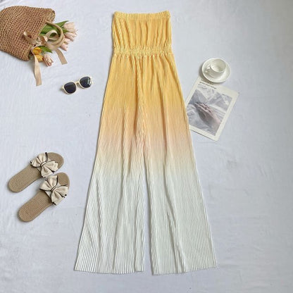 Strapless Gradient Ribbed Wide Leg Jumpsuit - Yellow