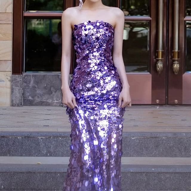 Strapless Plain Sequin Mermaid Evening Gown - Purple / XS